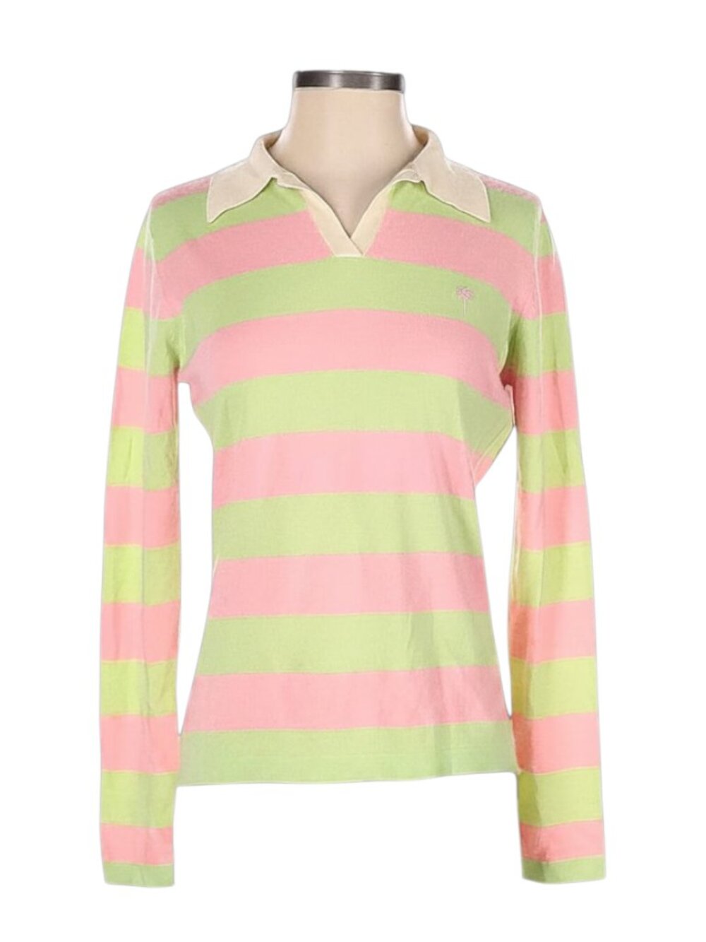 Lilly Pulitzer Pink & Green Striped 100% Cashmere Collared Sweater - Size S